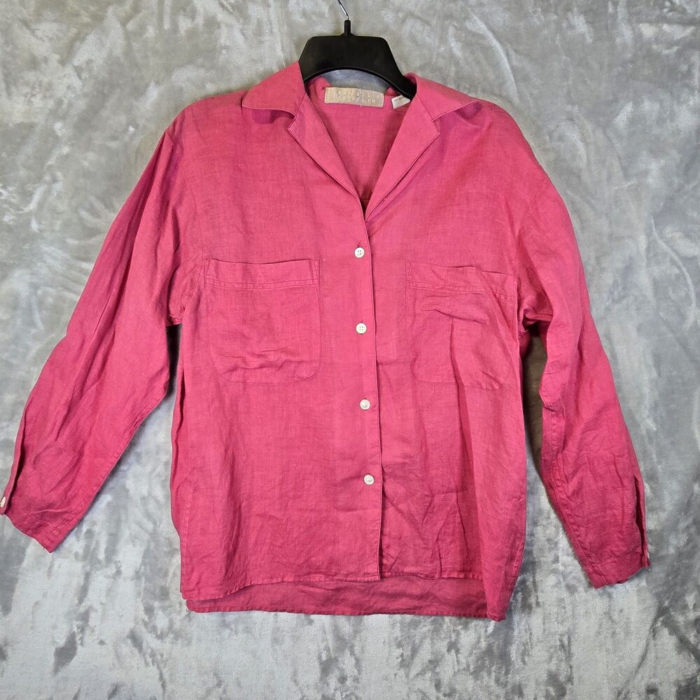 VTG Perry Ellis Womens Shirt Linen Pink Long Sleeve S-M Boho Cottage Peasant